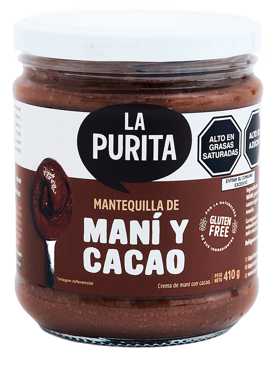 MANTEQUILLA DE MANI Y CACAO 100%  410GR LA PURITA