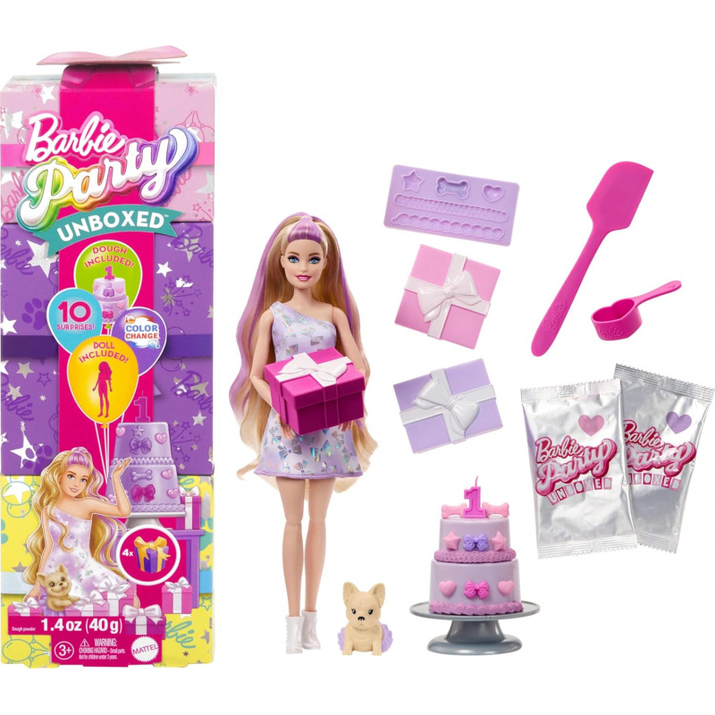 BARBIE PARTY UNBOXED  CON 10 SORPRESAS COLOR CHANGE MATTEL  JFG68  JFG70