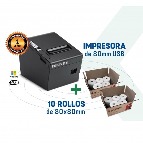 Impresora ticketera térmica de 80MM con interfaz USB + 10 rollos de papel térmico de 80x80mm
