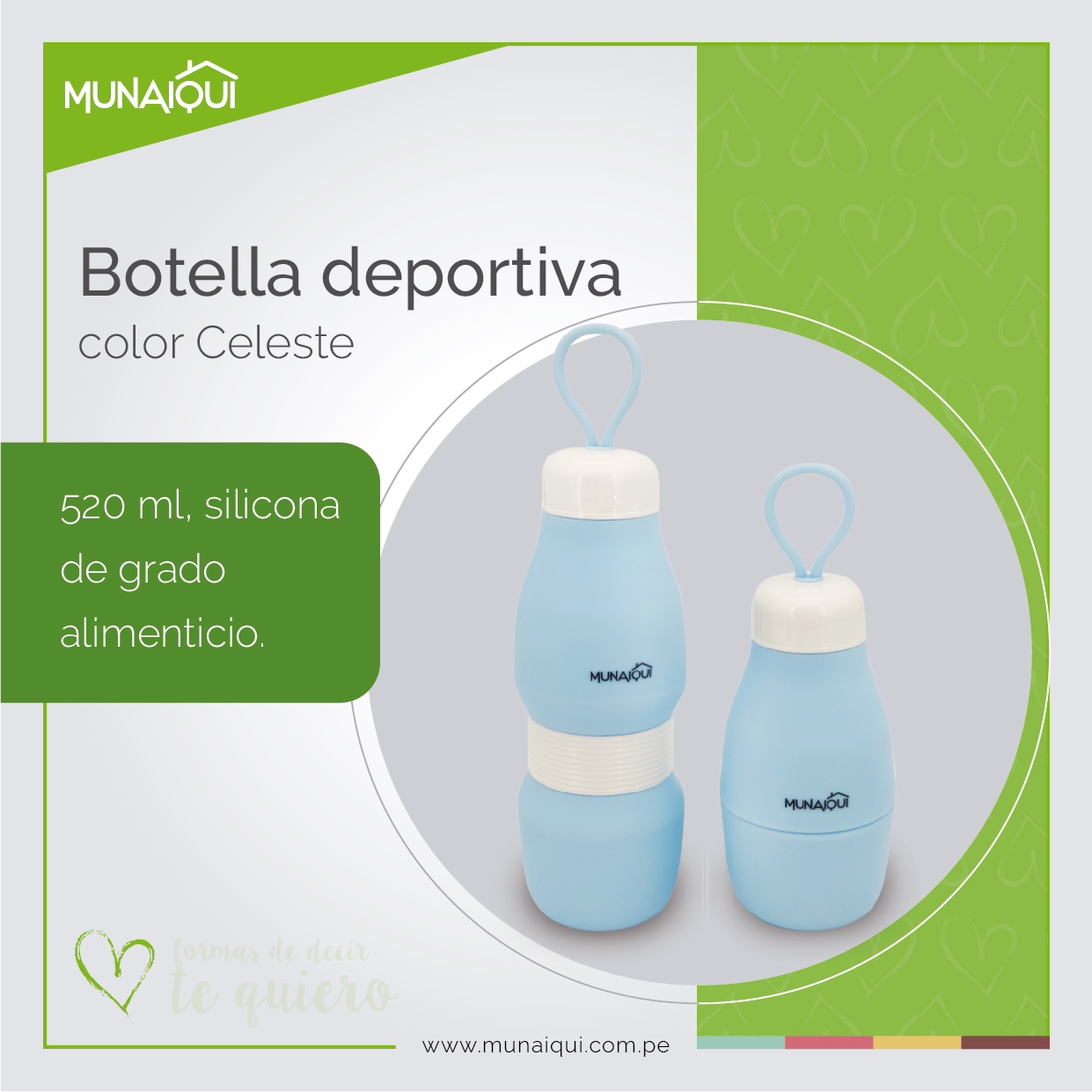 BOTELLA DEPORTIVA PORTÁTIL DE SILICONA COLOR CELESTE, 520ML MODELO MSC020