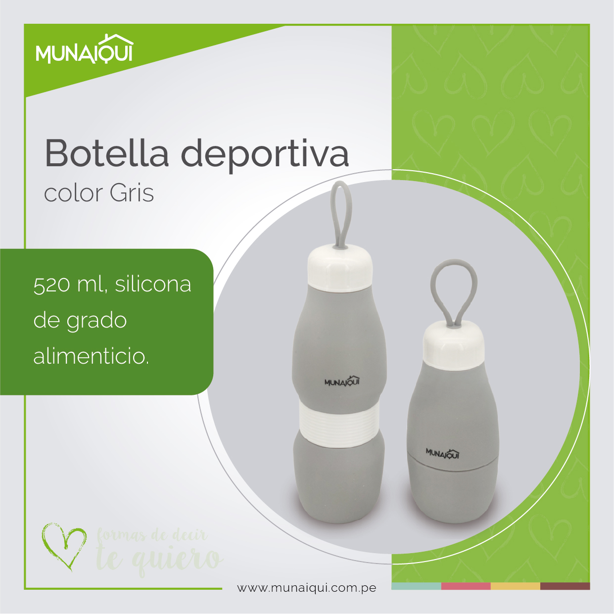 BOTELLA DEPORTIVA PORTÁTIL DE SILICONA COLOR GRIS, 520ML MODELO MSC020