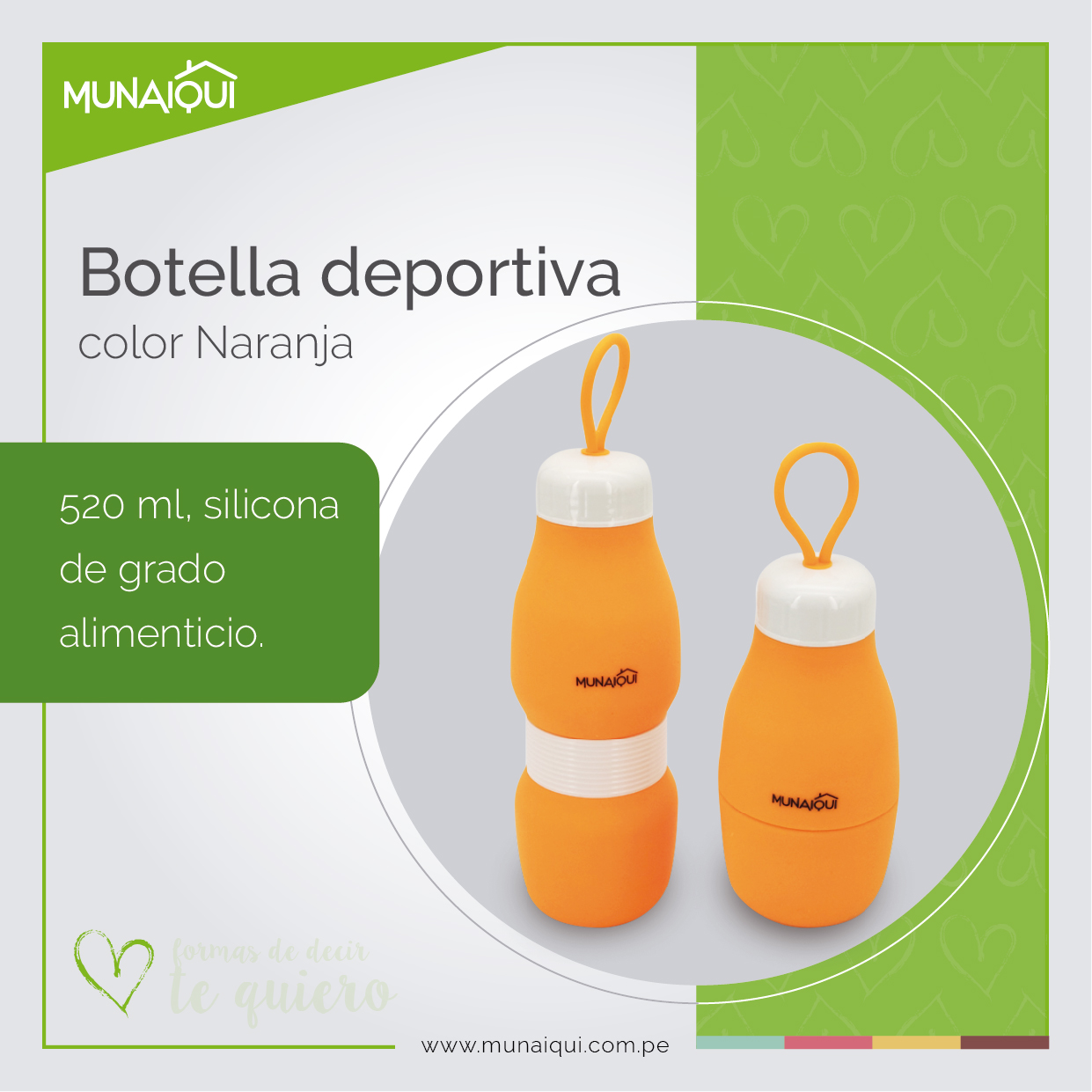 BOTELLA DEPORTIVA PORTÁTIL DE SILICONA COLOR NARANJA, 520ML MODELO MSC020