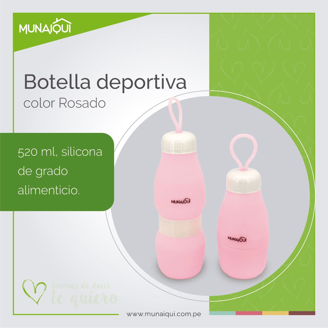 BOTELLA DEPORTIVA PORTÁTIL DE SILICONA COLOR ROSADO, 520ML MODELO MSC020