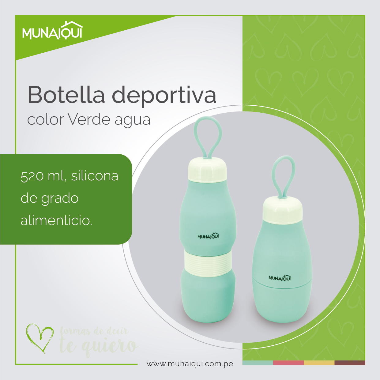 BOTELLA DEPORTIVA PORTÁTIL DE SILICONA COLOR VERDE AGUA, 520ML MODELO MSC020