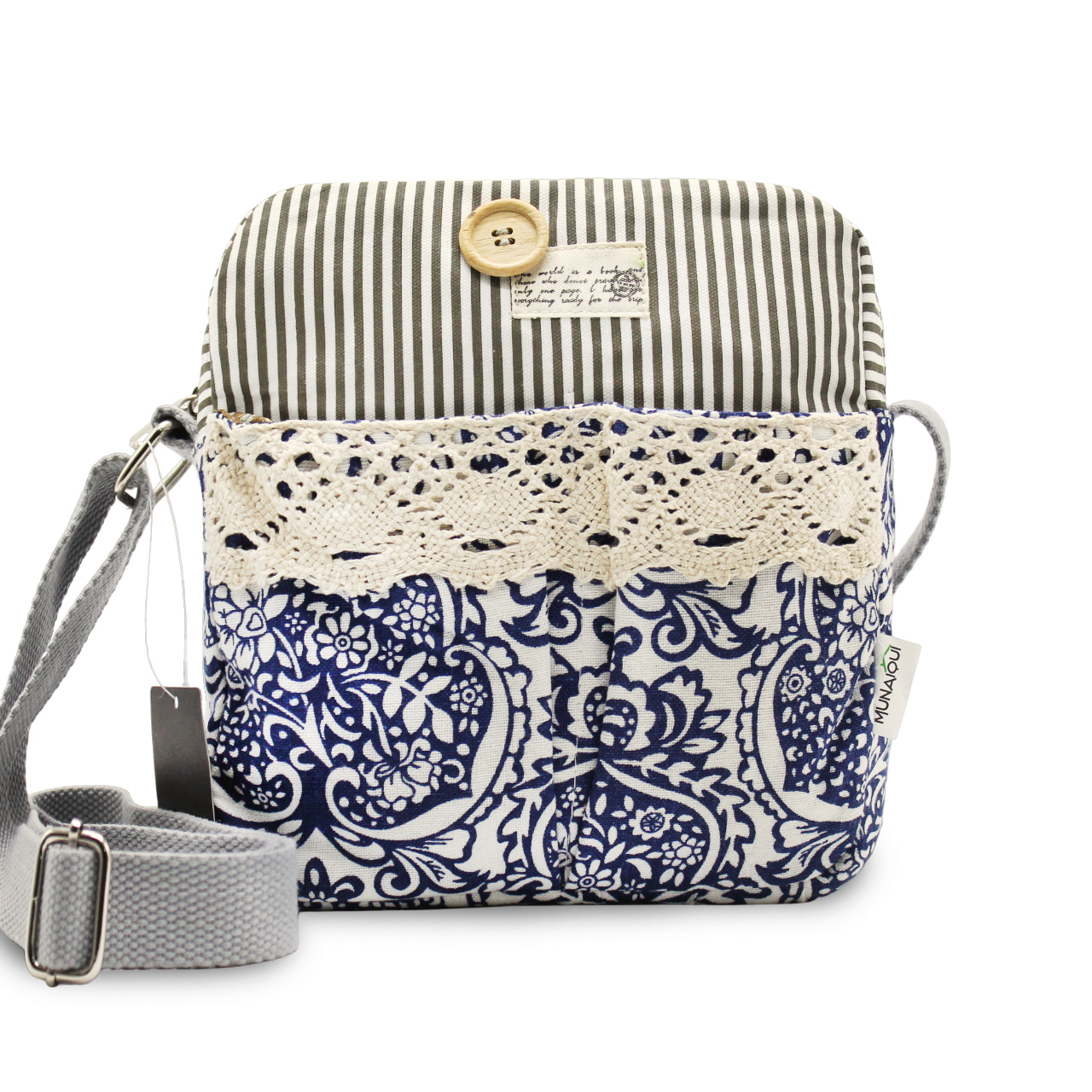 MORRAL FLORAL AZUL CON BLONDA Y CIERRE X UNIDAD