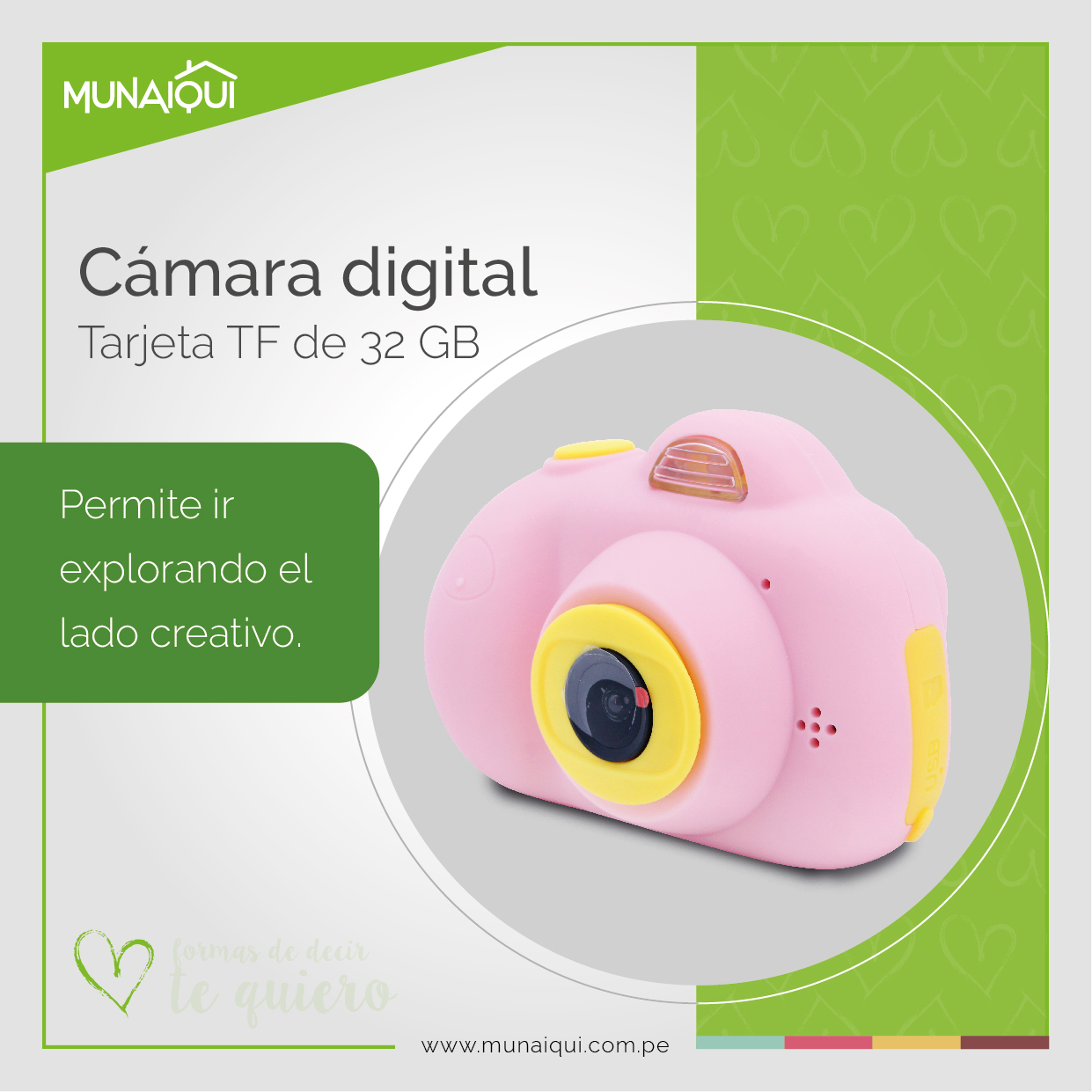 CAMARA DIGITAL PARA NIÑOS + TARJETA TF DE 32 GB MODELO MC010, ROSADO