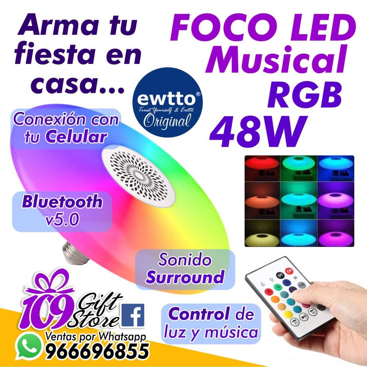 Foco Led RGB Colores con Parlante Bluetooth y Control Inalámbrico